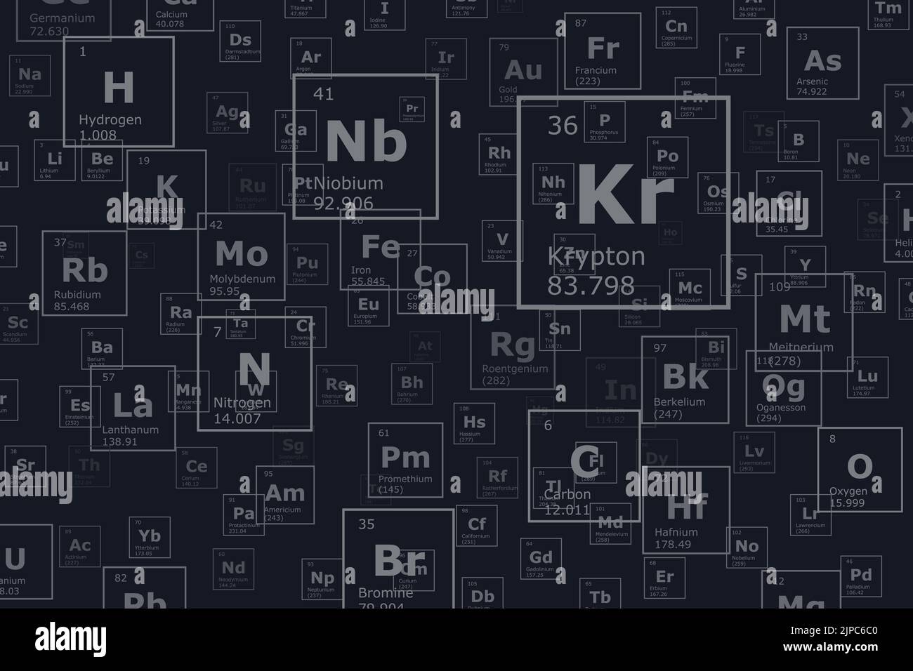 Fond noir des éléments chimiques du tableau périodique, numéro atomique, poids atomique, nom et symbole de l'élément Illustration de Vecteur
