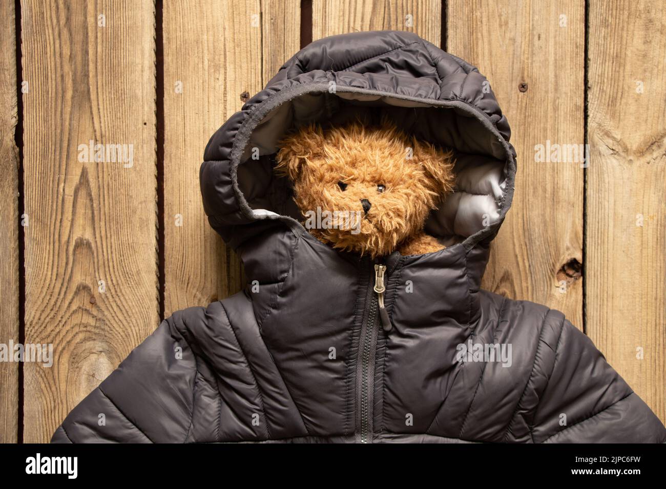 Ours en peluche marron pour enfants en veste d'hiver kamisheny pour enfants sur la table, vêtements d'hiver tendance pour enfants et ours en peluche Banque D'Images