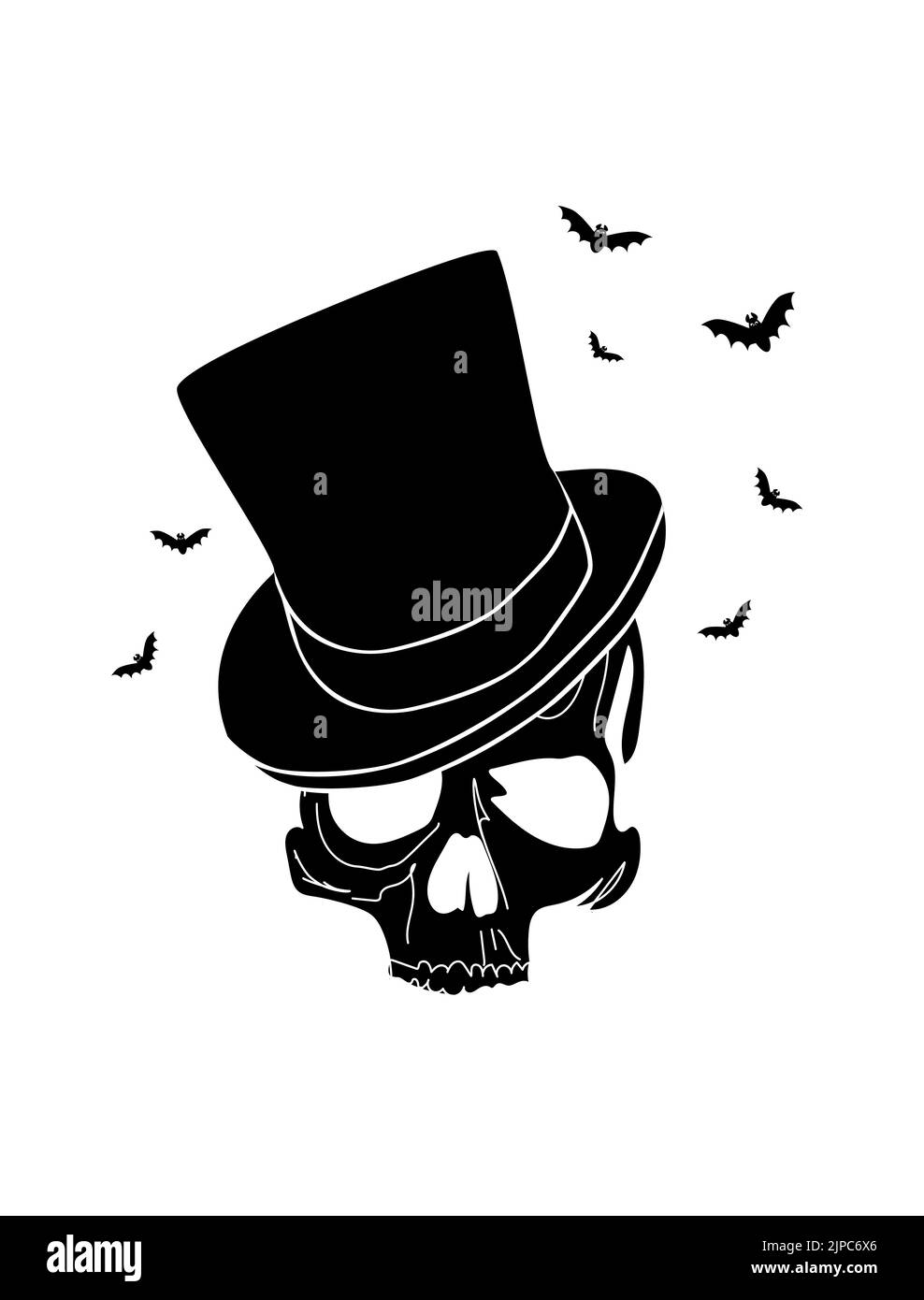 Halloween crâne icône gentleman avec chapeau de cylindre et chauves-souris, main dessiner des couleurs noir et blanc. Banque D'Images