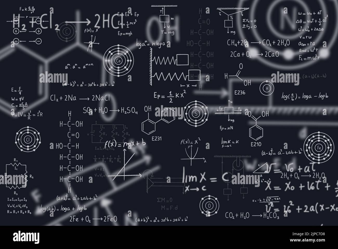 Équations de calcul, algèbre, chimie organique, réactions chimiques, éléments chimiques, physique, mouvement rectiligne, statique, électromagnétisme, friction Illustration de Vecteur