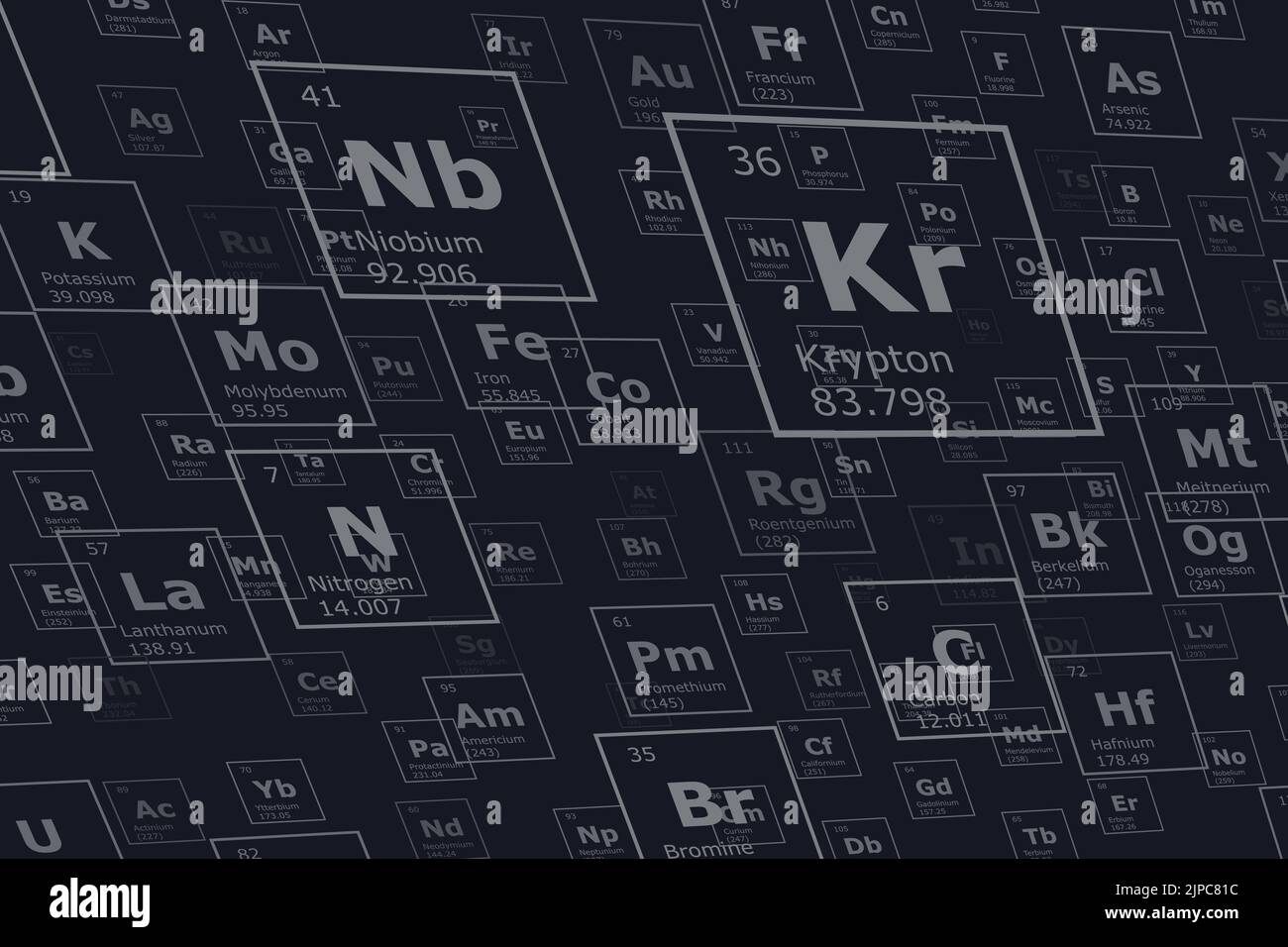 Contexte en perspective des éléments chimiques du tableau périodique, du nombre atomique, de la masse atomique, du nom et du symbole de l'élément sur un dos noir Illustration de Vecteur