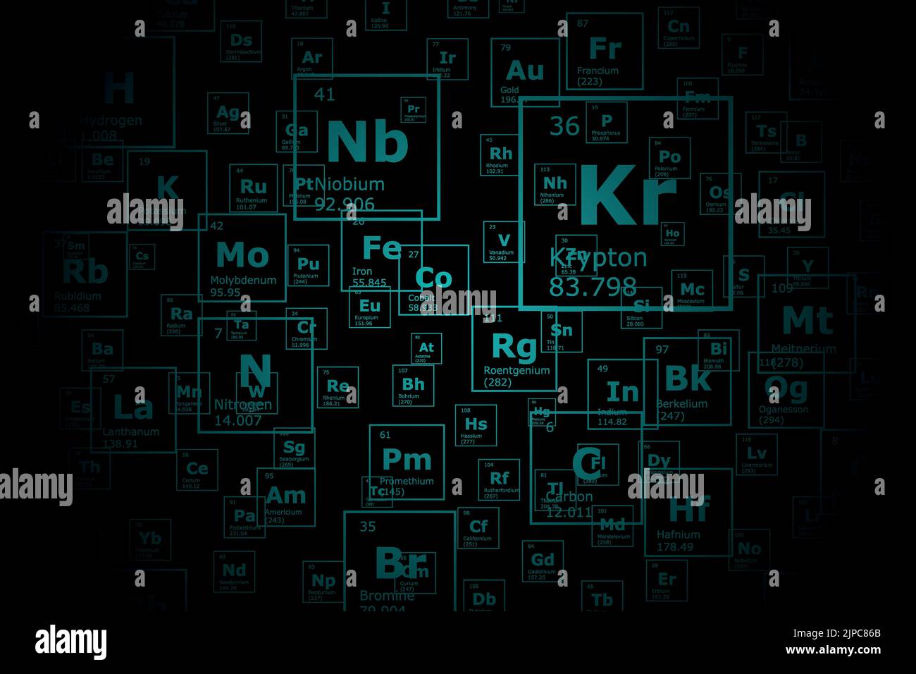 Arrière-plan futuriste du tableau périodique des éléments chimiques avec leur numéro atomique, leur poids atomique, le nom de l'élément et le symbole sur un fond noir Illustration de Vecteur