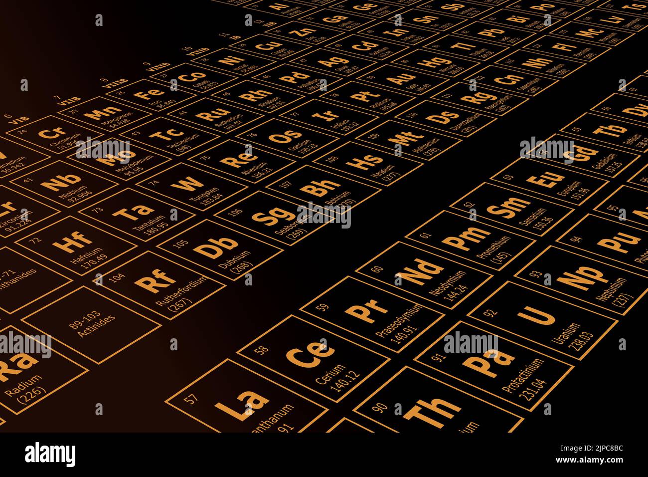 Perspective futuriste arrière-plan de la table périodique des éléments chimiques avec leur numéro atomique, leur poids atomique, leur nom d'élément et leur symbole sur un bla Illustration de Vecteur