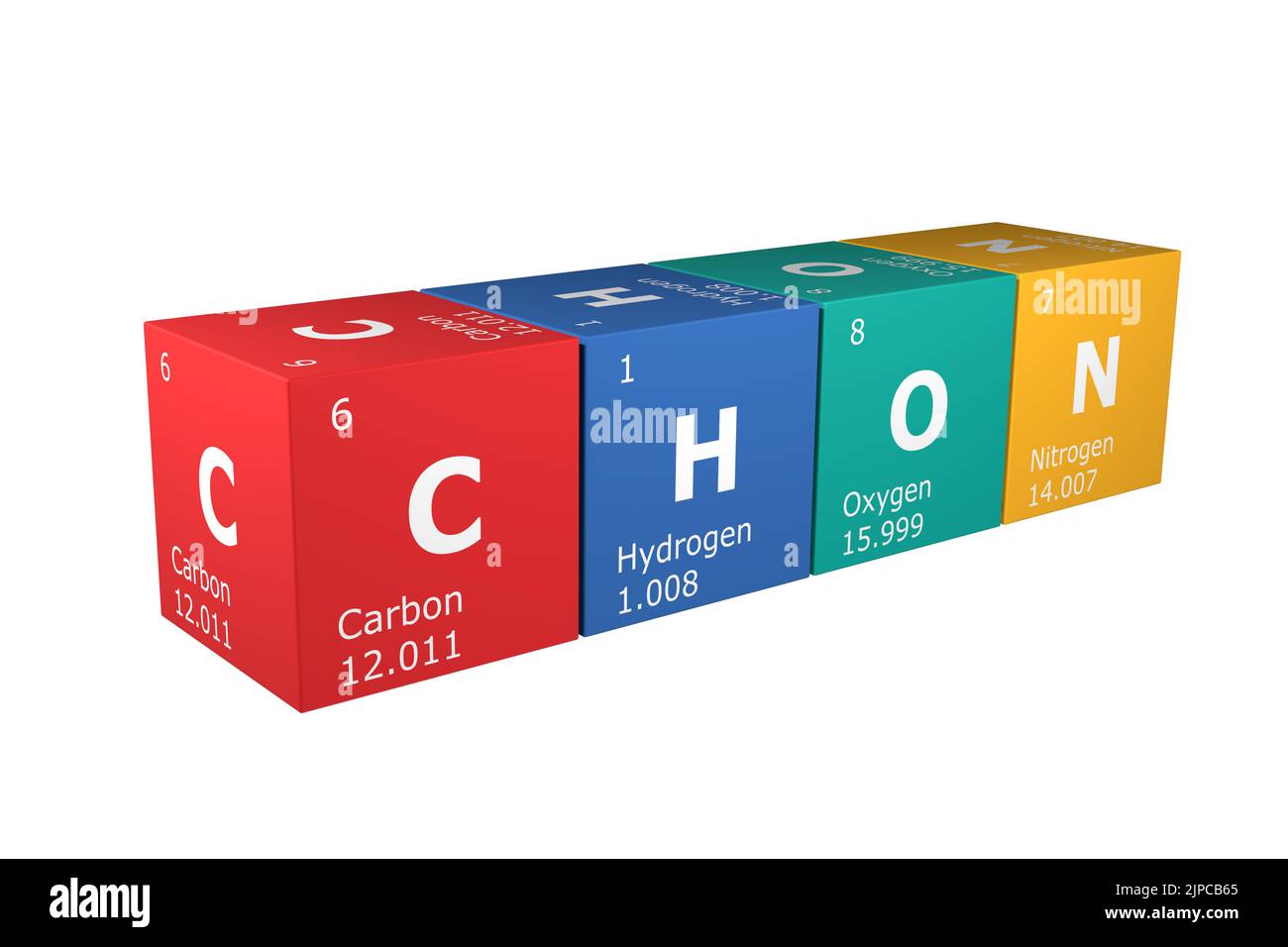 3D rendu des cubes des éléments de la table périodique, carbone, hydrogène, oxygène et azote. Sciences, technologie et ingénierie. 3D illustrati Banque D'Images