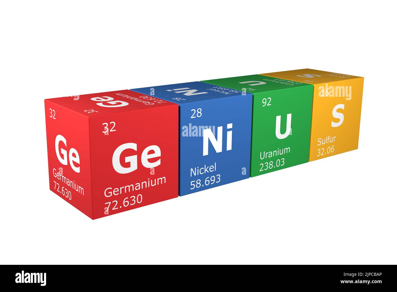 3D rendu des cubes des éléments de la table périodique, germanium, nickel, uranium et soufre formant le mot génie. Science, technologie et fr Banque D'Images