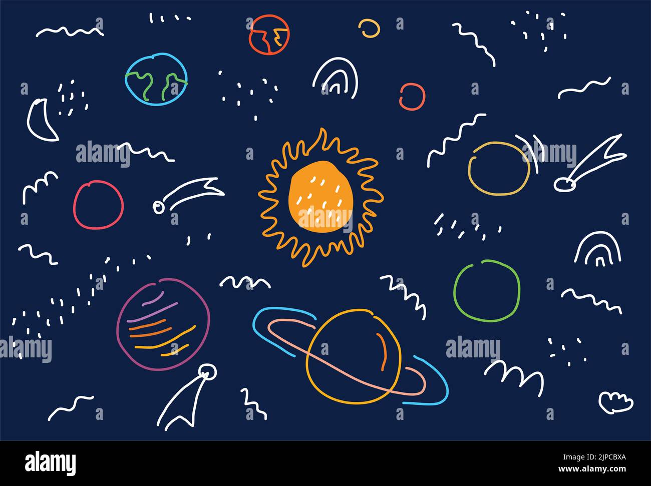 Arrière-plan vectoriel plat avec planètes, lune, Jupiter, satellite et étoiles. Dessin à la main dessin animé Illustration d'un espace Doodle. Illustrateur de vecteur Illustration de Vecteur