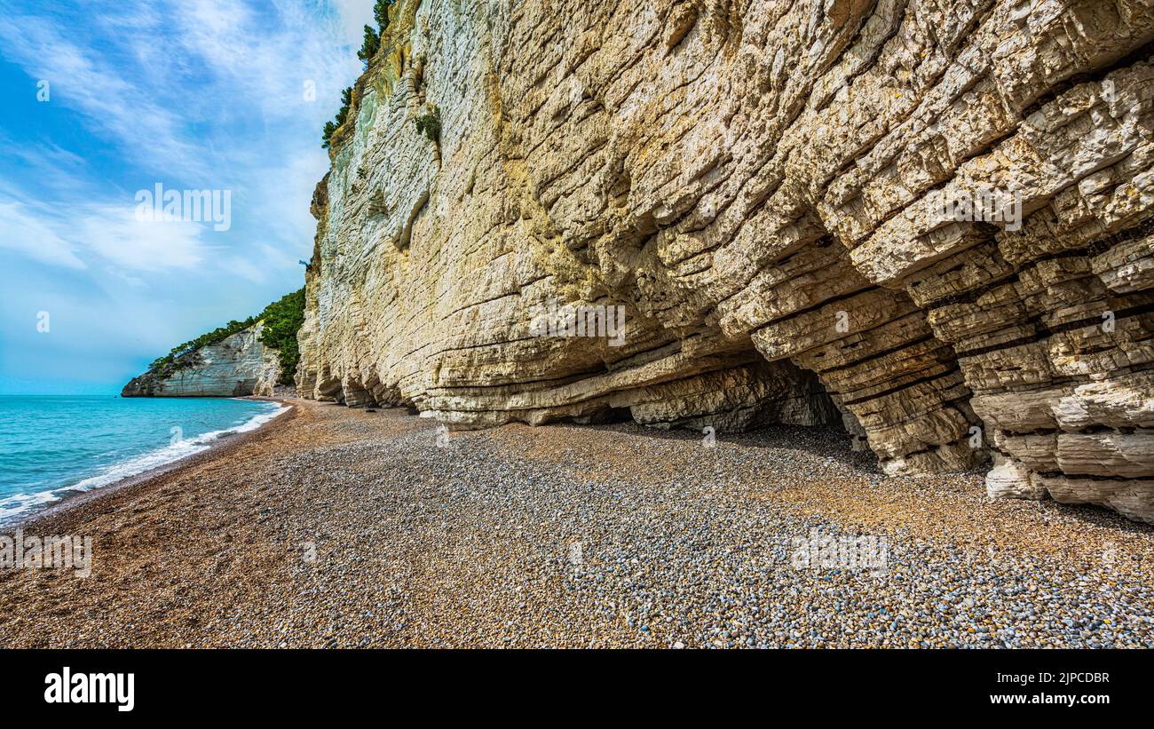 La haute et blanche falaise calcaire de la plage de Vignanotica à Puglia. Vieste, province de Foggia, Puglia, Italie, Europe Banque D'Images