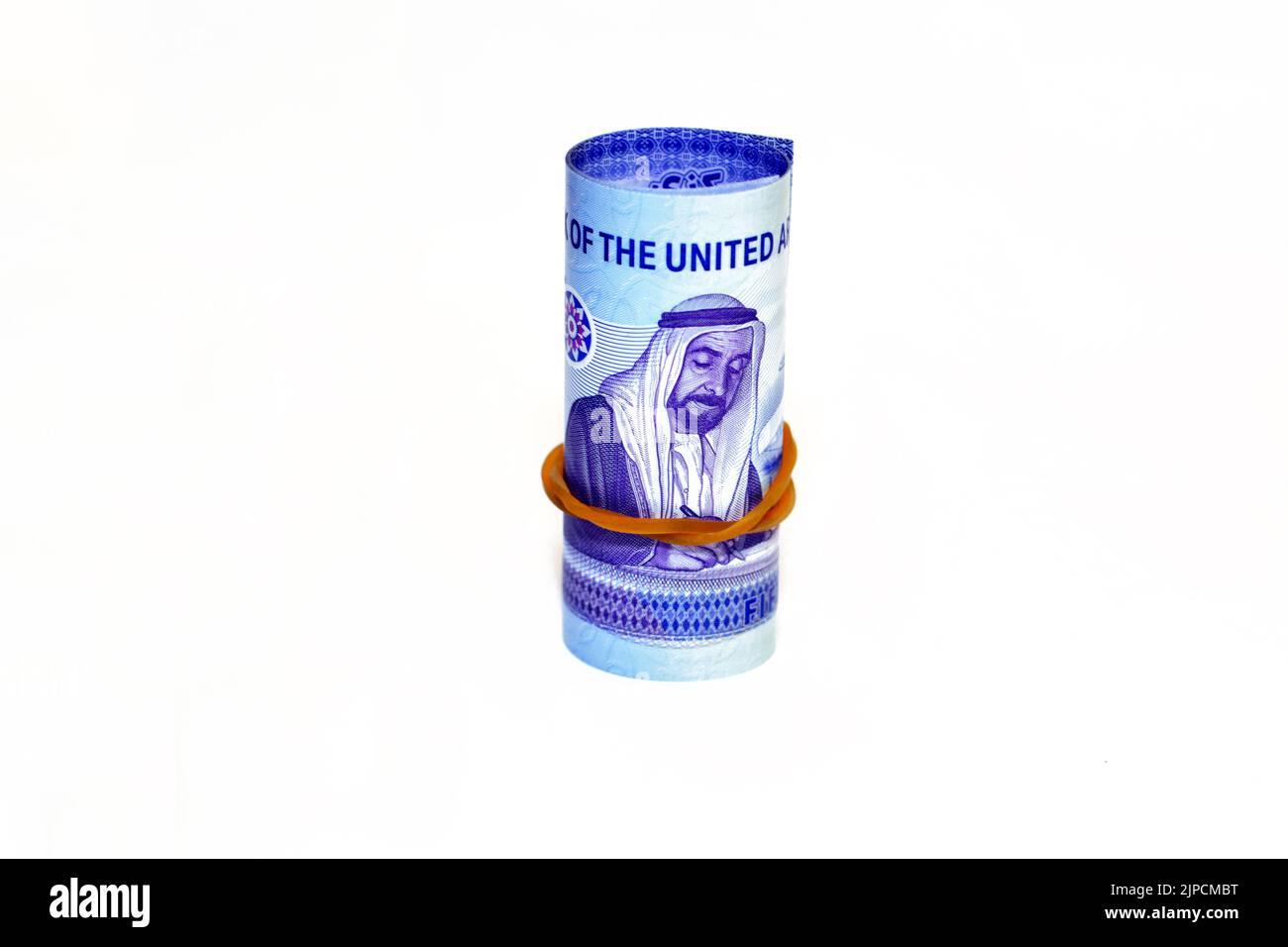 Emirates Money roll avec Sheikh Zayed bin Sultan Al Nahyan signant le document du syndicat de l'autre côté du nouveau polymère commémoratif 50 cinquante Banque D'Images