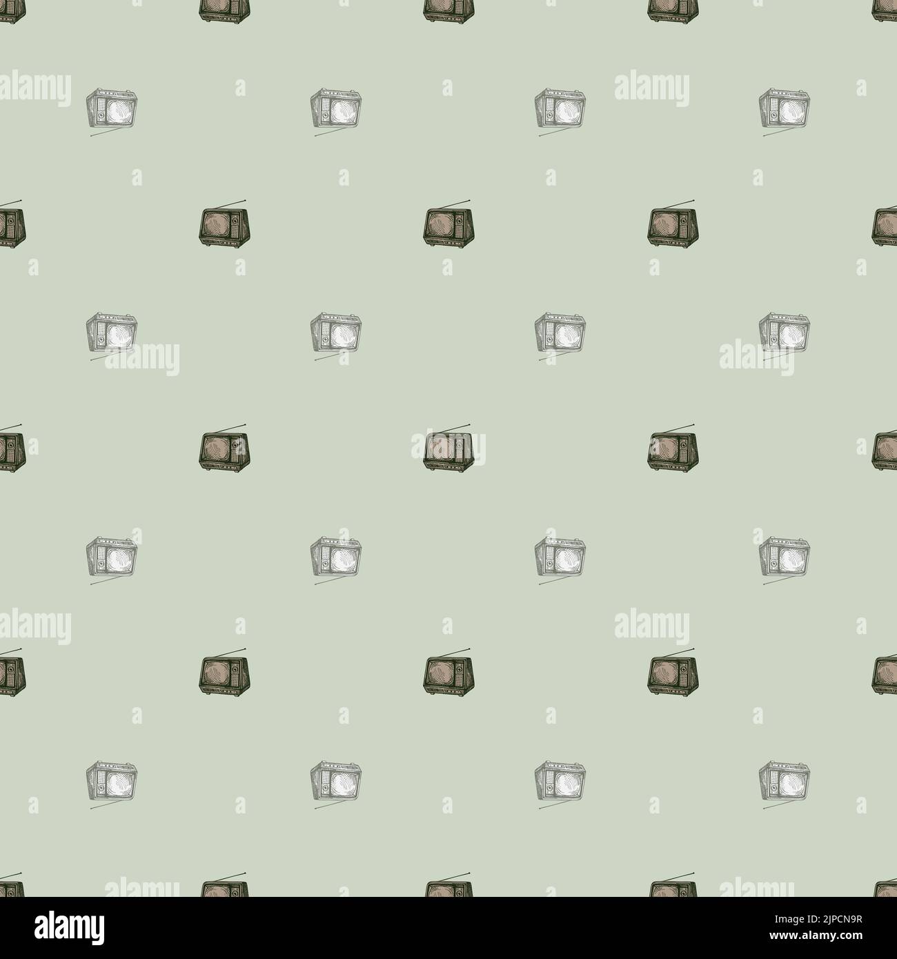 Motif rétro gravé sans couture. Téléviseur d'époque avec antenne dessinée à la main. Texture d'esquisse pour tissu, papier peint, textile, imprimé, titre, Illustration de Vecteur