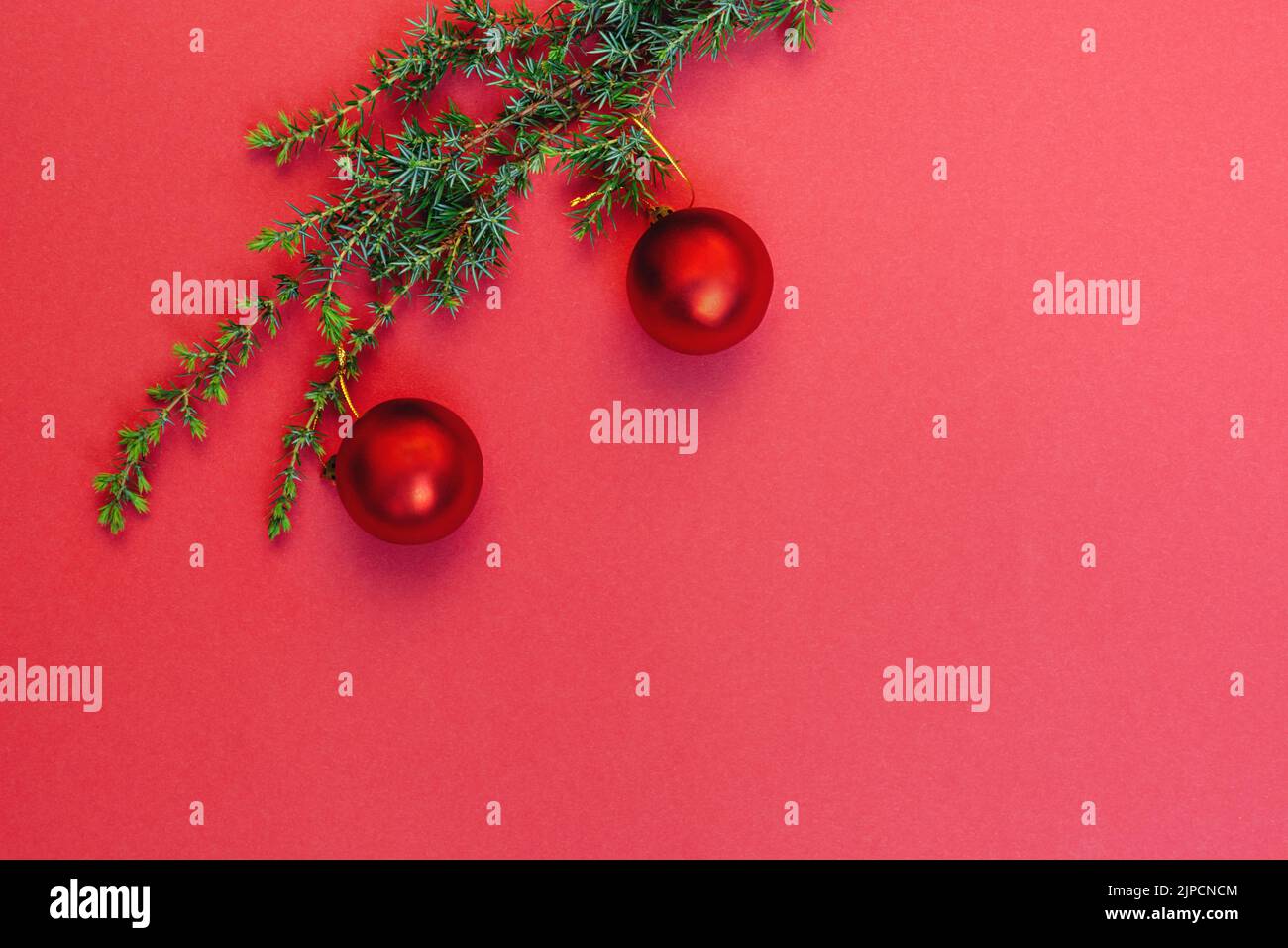 Décorations de Noël rouges sur une branche d'arbre de Noël. Genévrier parfumé. Jouets ronds. Style minimaliste. Copier l'espace pour le texte. Pour la publicité ou comme carte de vacances prête à l'emploi. Banque D'Images