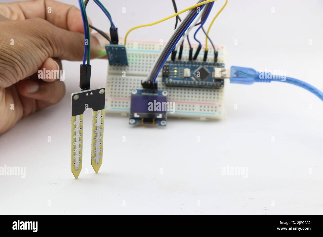 Projet de compteur d'humidité numérique du sol réalisé à la maison à l'aide d'un micro-contrôleur et d'autres composants électroniques assemblés sur un circuit de carte d'expérimentation Banque D'Images