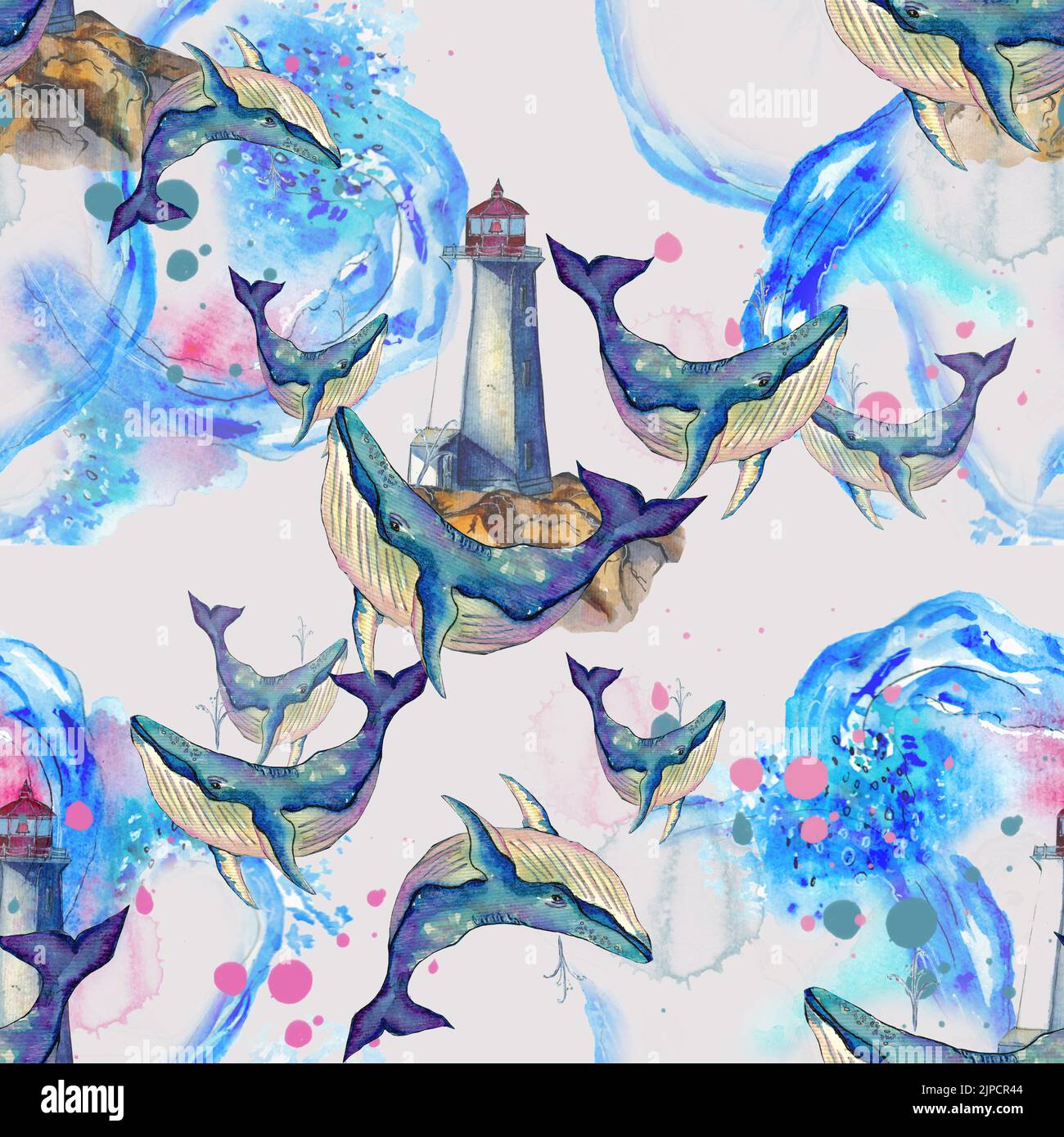 Aquarelle dessin à la main lumineux sans couture avec la baleine, les vagues et le phare. Animaux sous-marins dans la dopamine disign. Banque D'Images