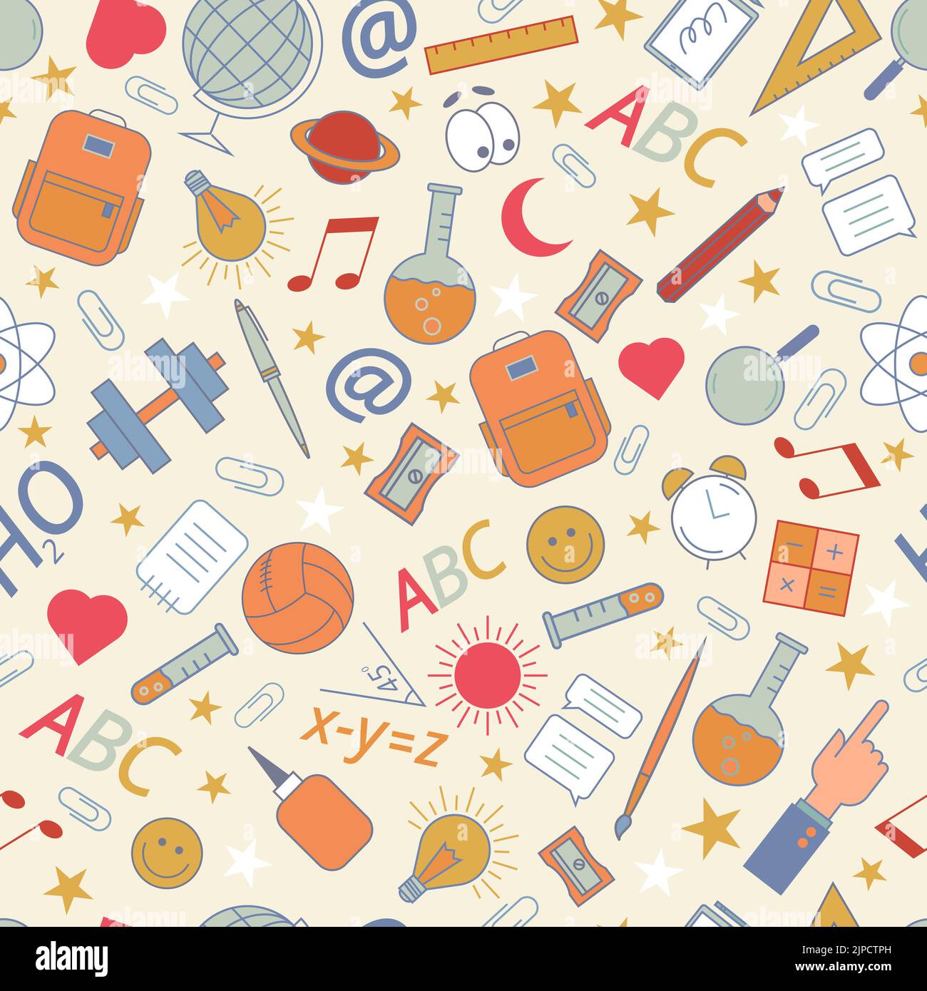 Motif multicolore de fournitures scolaires dans un style de dessin animé pour l'impression et la décoration. Clipart vectoriel. Illustration de Vecteur