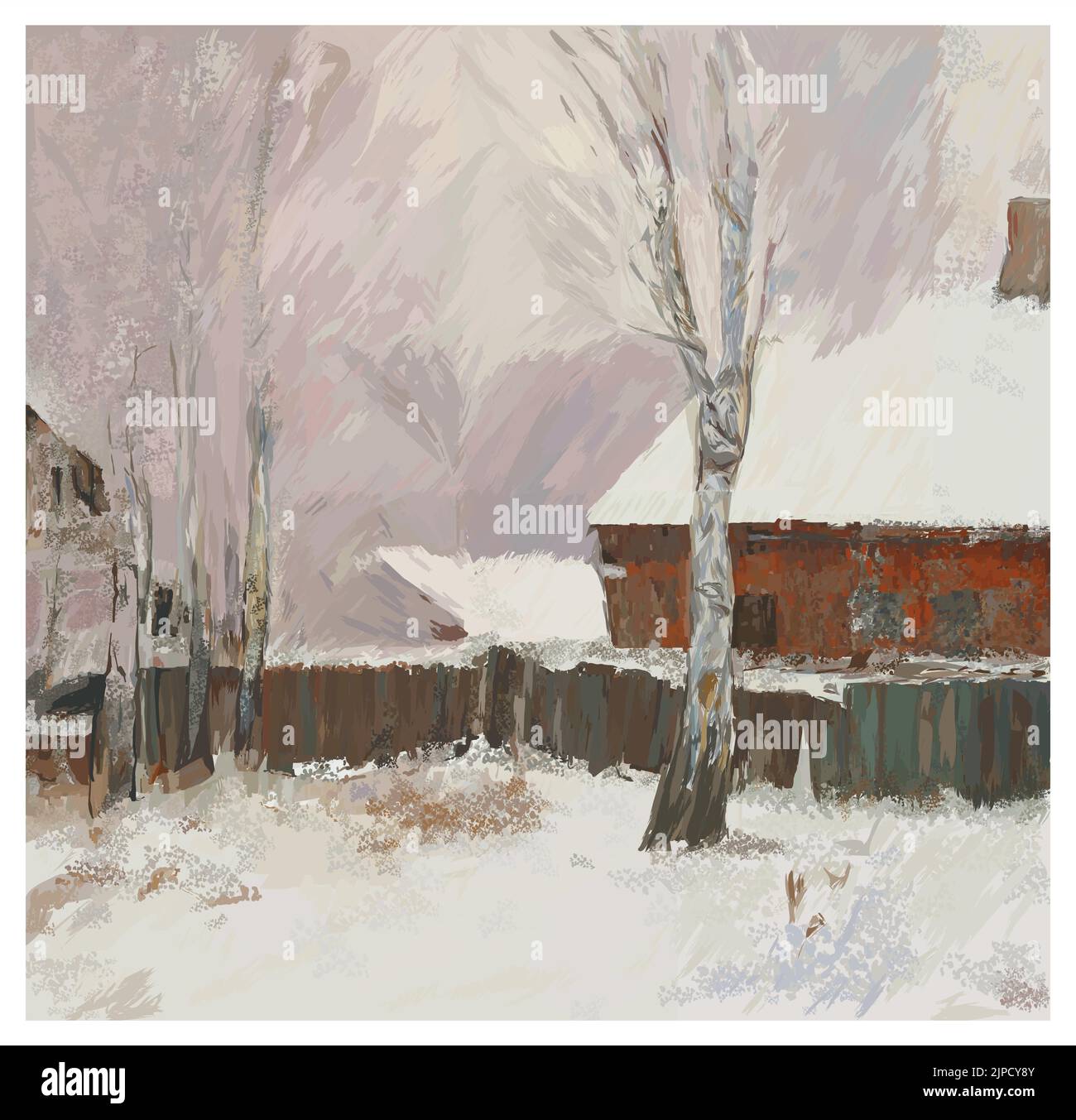 Peinture numérique originale d'un paysage d'hiver dans le style d'impressionniste rusien - illustration vectorielle (idéal pour l'impression sur tissu ou papier, po Illustration de Vecteur