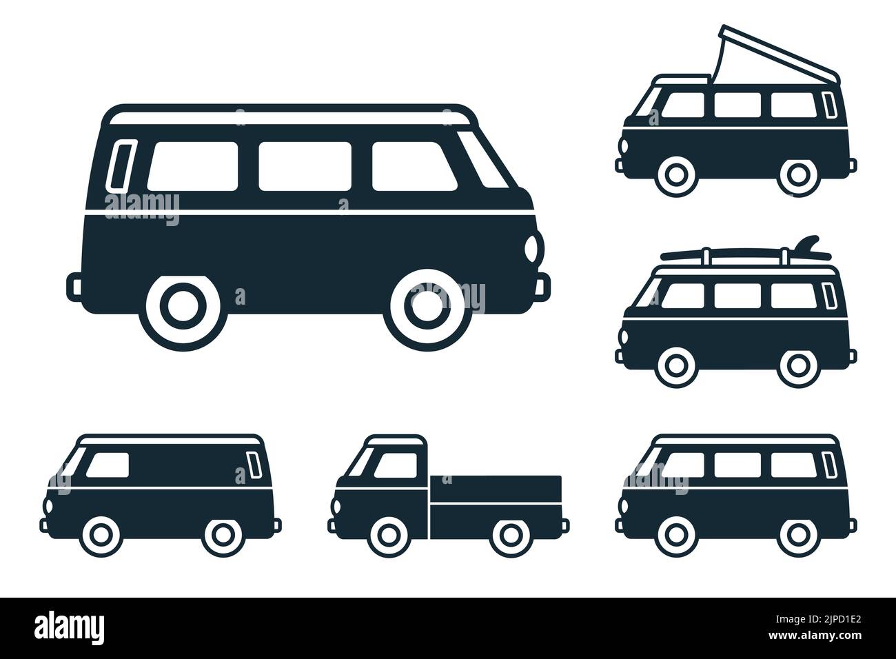 Fourgonnette de voyage rétro. Fourgonnette de surf. Voiture de voyage vintage. Vieille fourgonnette classique de camping-car. Bus hippie rétro. Illustration vectorielle dans la collection d'icônes de conception plate Illustration de Vecteur