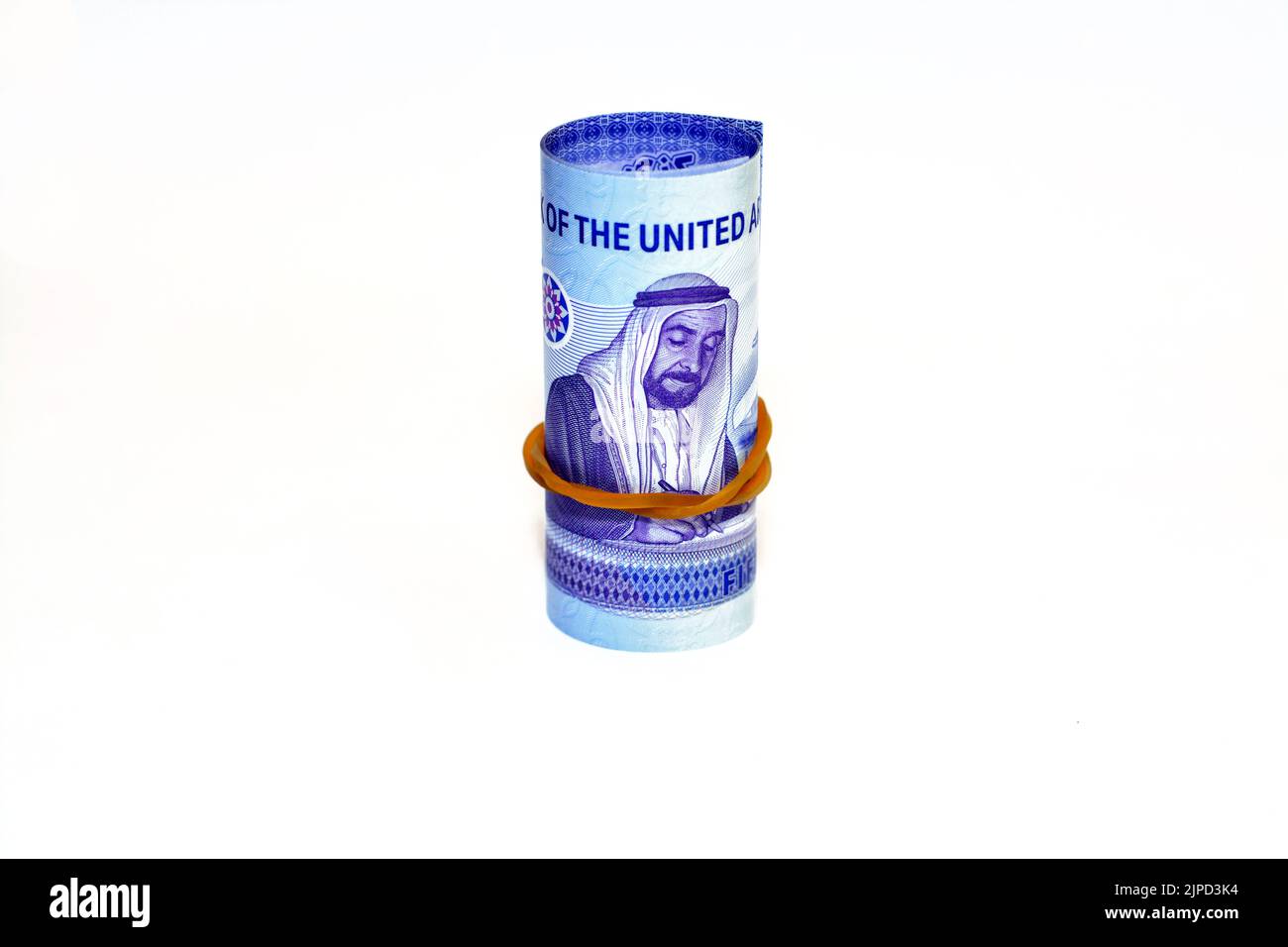 Emirates Money roll avec Sheikh Zayed bin Sultan Al Nahyan signant le document du syndicat de l'autre côté du nouveau polymère commémoratif 50 cinquante Banque D'Images