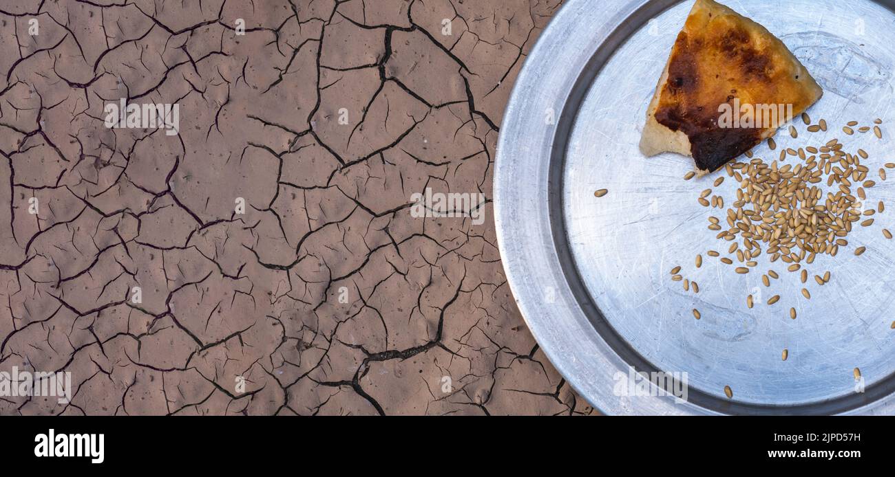 un petit morceau de pain et de céréales laissé sur la plaque de zinc. famine mondiale et sécheresse. Banque D'Images