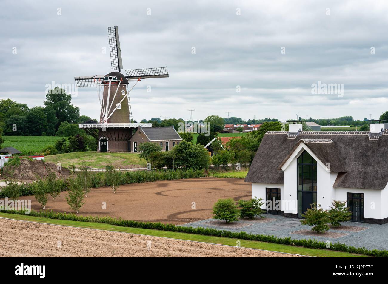 Dodewaard, Gelderland, pays-Bas - 07 12 2022 - vue sur les terres agricoles et un ancien moulin à vent Banque D'Images