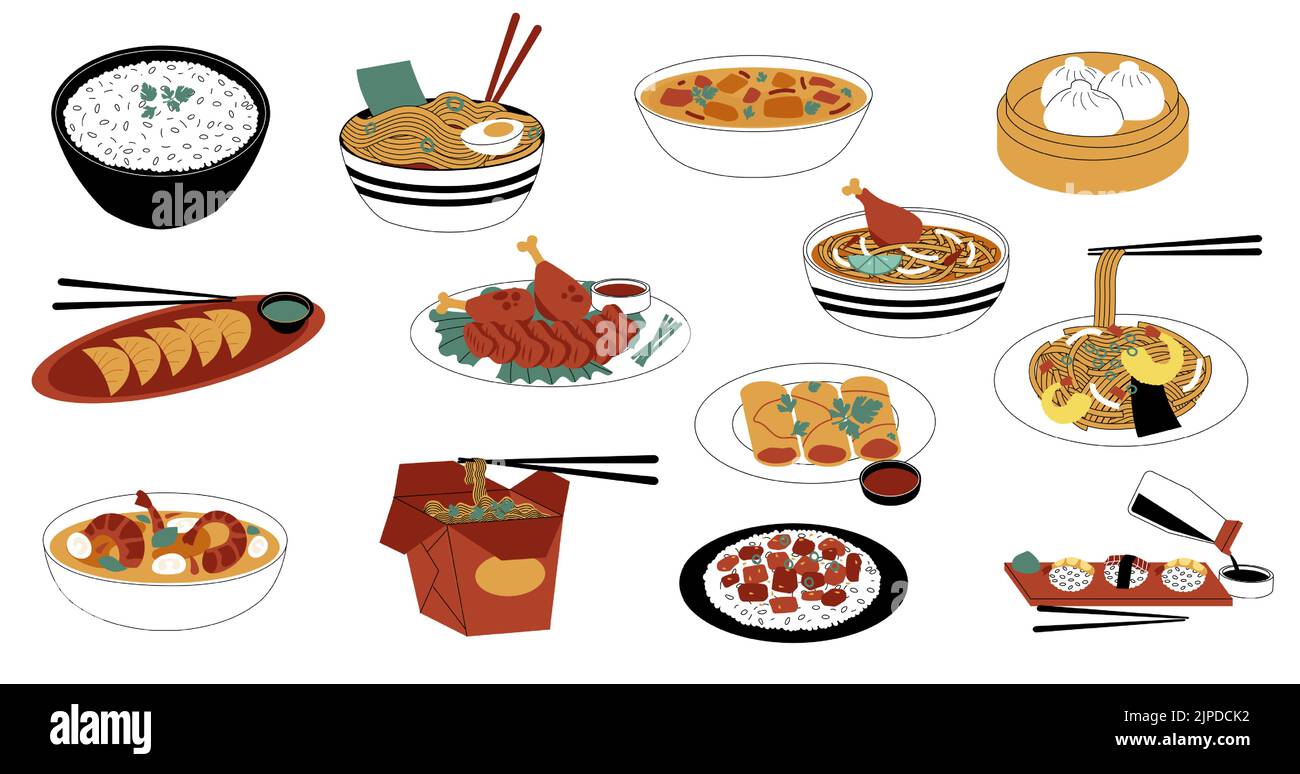 Mets épicés de l'est. Dégustez un repas traditionnel japonais et coréen chinois asiatique accompagné d'épices et de sauces aux fruits de mer, de sushis et de soupes aux nouilles Illustration de Vecteur
