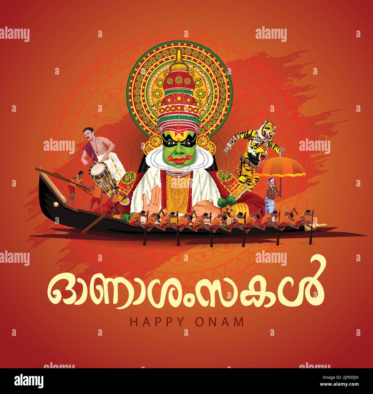 Festival de Kerala heureux onam avec kathakali visage, utilisation pour poster, dépliant , bannière Illustration de Vecteur
