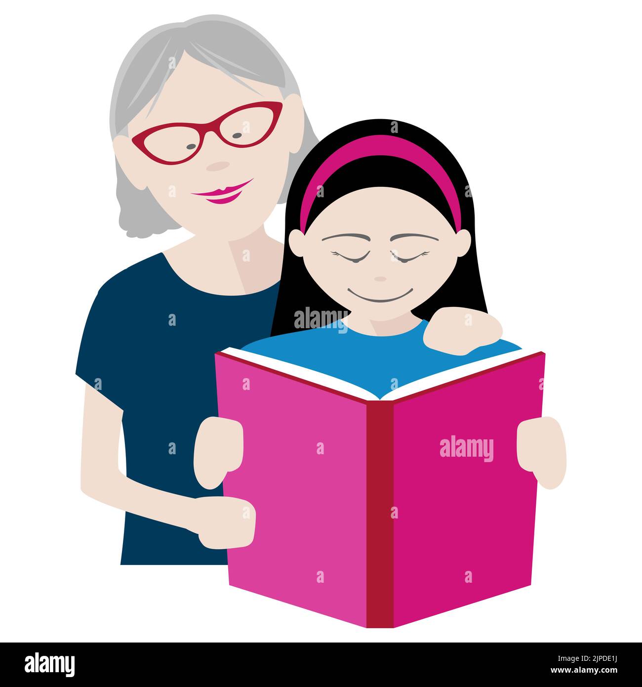 grand-mère et petite-fille appréciant la lecture d'un livre ensemble. Fichier EPS disponible Illustration de Vecteur