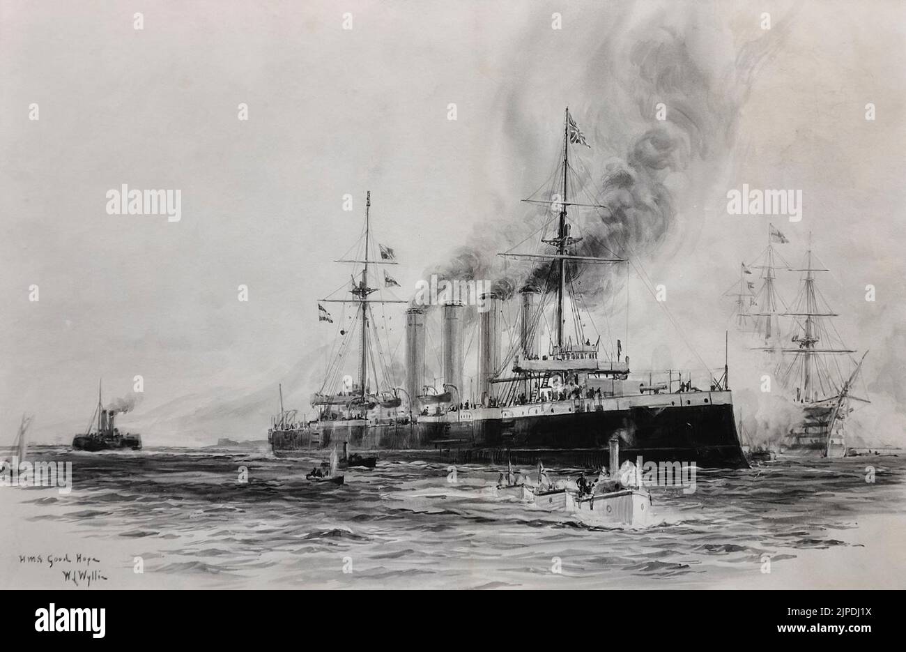 HMS Good Hope par William Lionel Wyllie. HMS Good Hope était l'un des quatre croiseurs blindés de classe Drake construits pour la Royal Navy vers 1900; elle était à l'origine nommée Afrique, mais elle a été renommée avant son lancement. Elle est devenue la vedette de l'escadron 1st de la flotte de l'Atlantique en 1906 et la vedette de l'escadron 2nd de la flotte de l'Atlantique en 1908. Elle a été réduite à la réserve en 1913, mais elle a été remise en service à la mi-1914. Banque D'Images