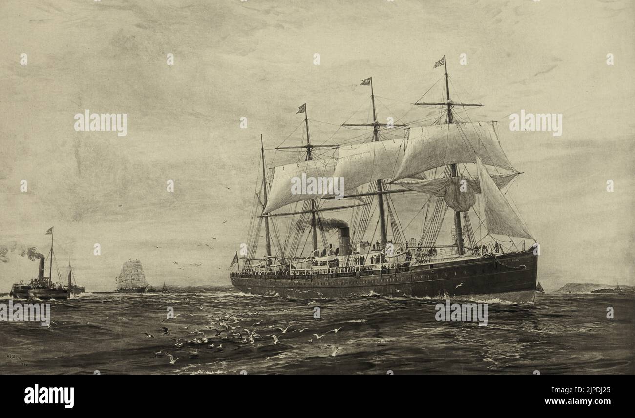 L'Oceanic au large de Queenstown (Cobh, Irlande) lors de son deuxième voyage à domicile de New York, 12 juin 1871, par William Lionel Wyllie, 1895. La SS Oceanic a été le premier paquebot de la White Star Line et un tournant important dans la conception des paquebot de passagers. Entrée en service en 1871 pour les passages à niveau de l'Atlantique, elle a ensuite été affrétée par Occidental et Oriental Steamship Company (O&O) en 1875. Le navire fournissait un service de transport de passagers pour O&O dans le Pacifique jusqu'en 1895, date à laquelle elle était vendue pour la ferraille. Banque D'Images
