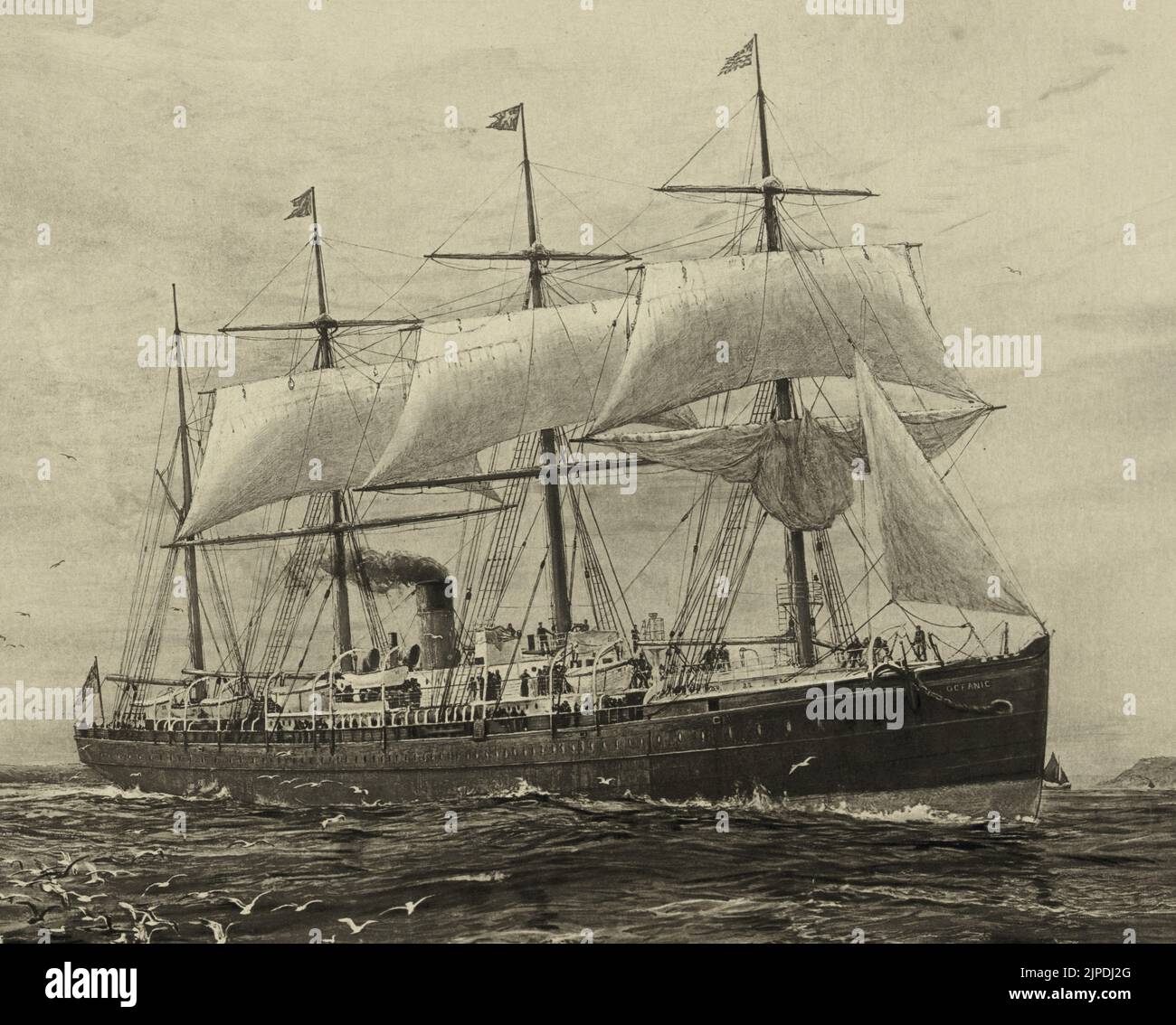 L'Oceanic au large de Queenstown (Cobh, Irlande) lors de son deuxième voyage à domicile de New York, 12 juin 1871, par William Lionel Wyllie, 1895. La SS Oceanic a été le premier paquebot de la White Star Line et un tournant important dans la conception des paquebot de passagers. Entrée en service en 1871 pour les passages à niveau de l'Atlantique, elle a ensuite été affrétée par Occidental et Oriental Steamship Company (O&O) en 1875. Le navire fournissait un service de transport de passagers pour O&O dans le Pacifique jusqu'en 1895, date à laquelle elle était vendue pour la ferraille. Banque D'Images