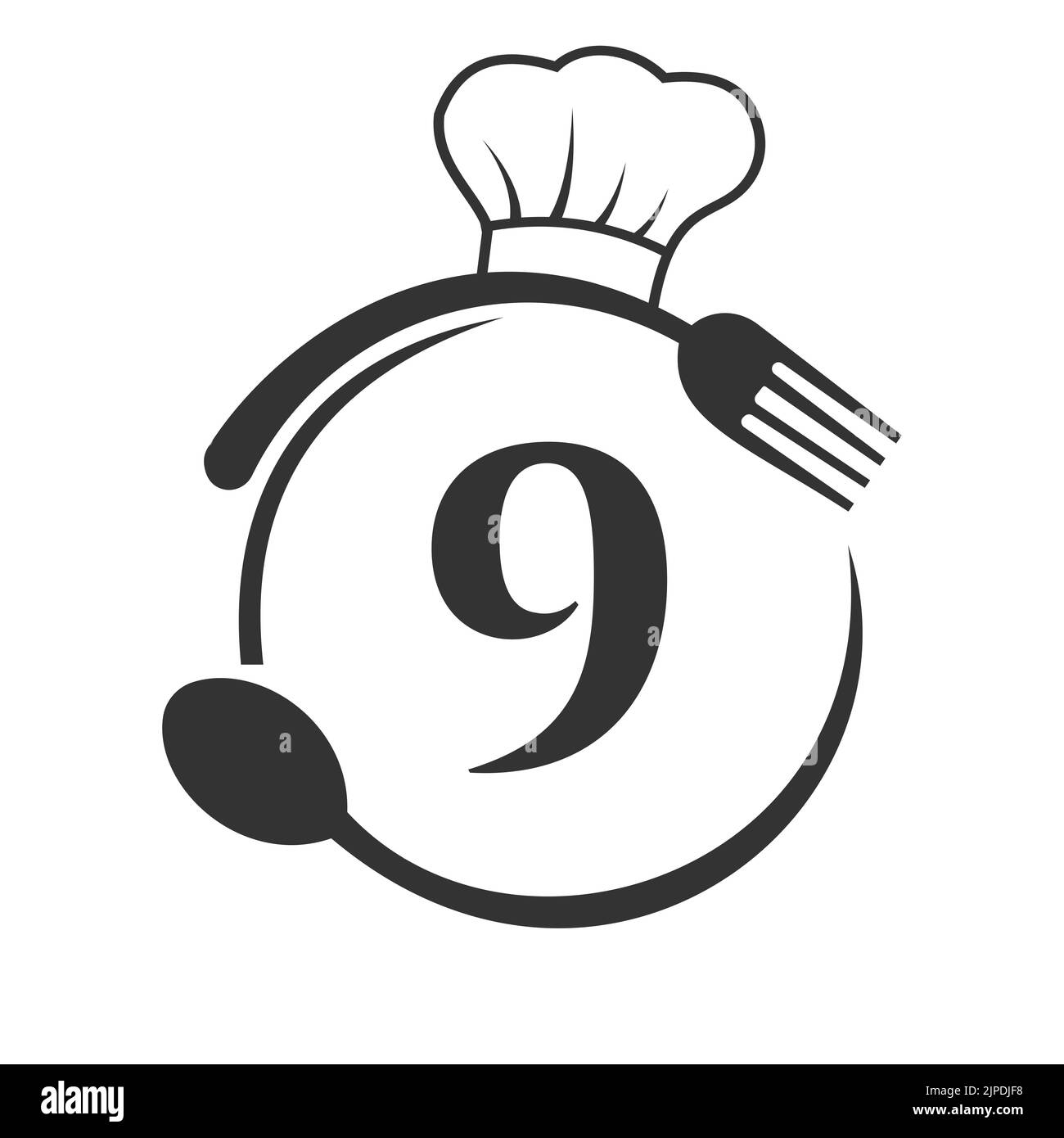 Logo du restaurant sur le concept de la lettre 9. Logo Letter 9 avec chapeau de chef, cuillère et fourchette pour logo Restaurant Illustration de Vecteur