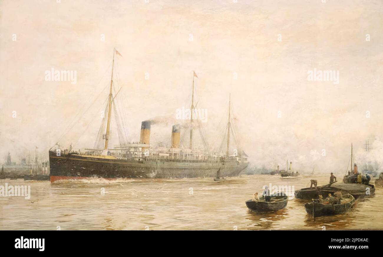 Teutonic laisser l'huile de Liverpool sur toile par William Lionel Wyllie le RMS Teutonic était un paquebot construit pour la ligne White Star à Belfast et fut le premier marchand de croisières armé. Un portrait du White Star Liner, RMS Teutonic, quitte Liverpool en juillet 1889. Le navire a été construit en 1889 pour le commerce de l'Atlantique par Harland & Wolff Ltd à Belfast, pour Ismay Imrie & Co. De Liverpool, les propriétaires de White Star. Lorsqu'elle est lancée, Teutonic a fait sensation parce qu'elle et son navire jumeau, RMS Majestic (1890), ont été les premiers paquebots de luxe à être spécialement conçus pour une utilisation potentielle comme marchand armé c Banque D'Images