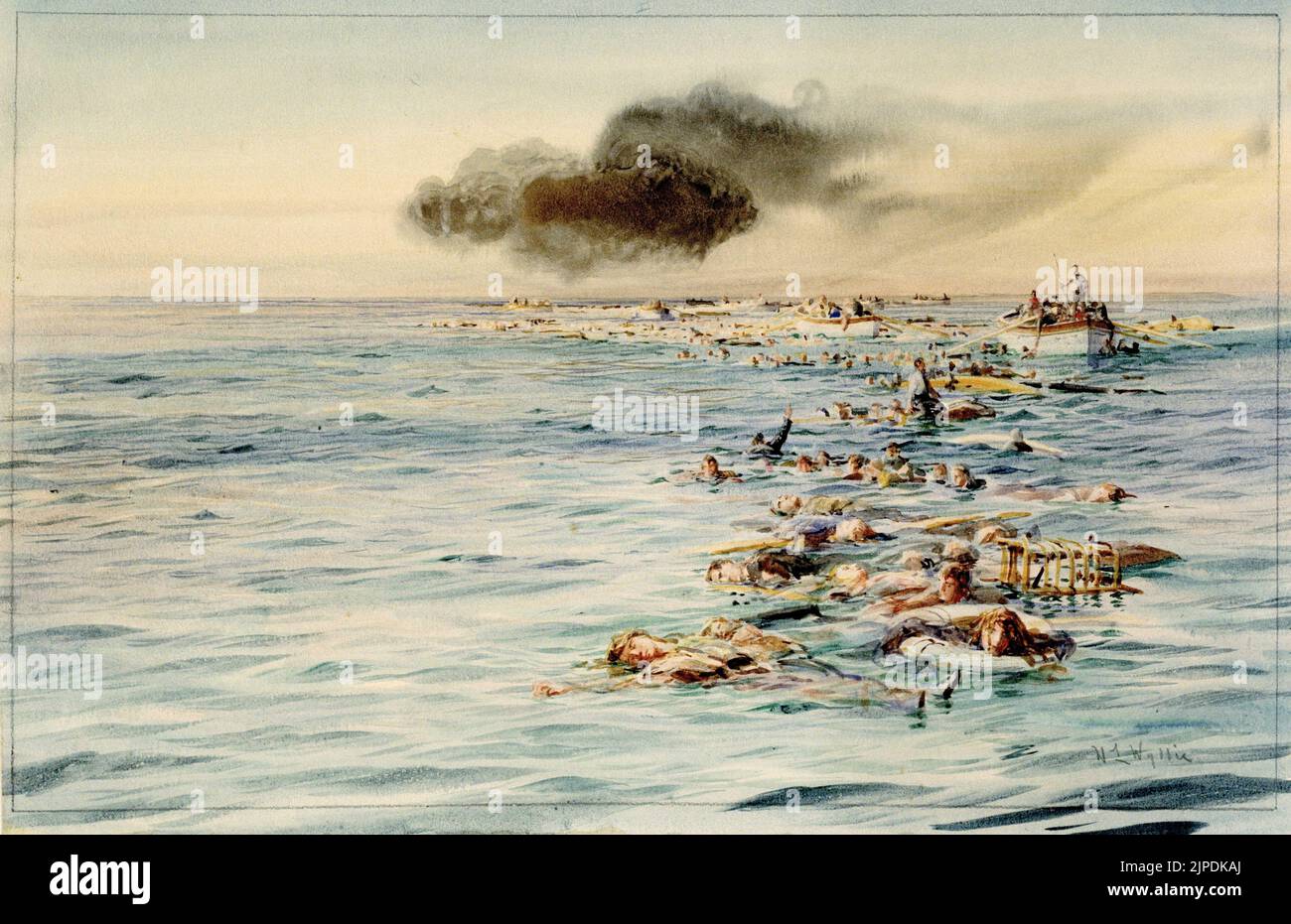 La piste de RMS Lusitania. Vue des victimes et des survivants dans l'eau et dans les embarcations de sauvetage par William Lionel Wyllie RMS Lusitania (nommé d'après la province romaine en Europe occidentale correspondant au Portugal moderne) Il s'agissait d'un paquebot britannique lancé par la Cunard Line en 1906 et qui détenait l'appellation Blue Riband pour le passage le plus rapide de l'Atlantique en 1908. C'était brièvement le plus grand navire à passagers au monde jusqu'à l'achèvement de la Mauretania trois mois plus tard. Elle a été cousuée sur son passage transatlantique de 202nd, le 7 mai 1915, par un U-boat allemand à 11 miles (18 km) au large de la co sud Banque D'Images