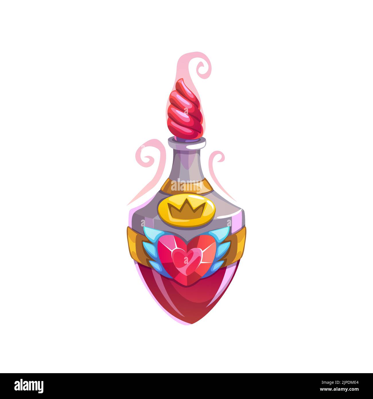 Symbole vecteur bouteille potion amour, élixir magique dans une fiole en verre avec coeur et couronne ailés. Élément de dessin animé, poison sorcière, objet alchimie isolé sur fond blanc Illustration de Vecteur