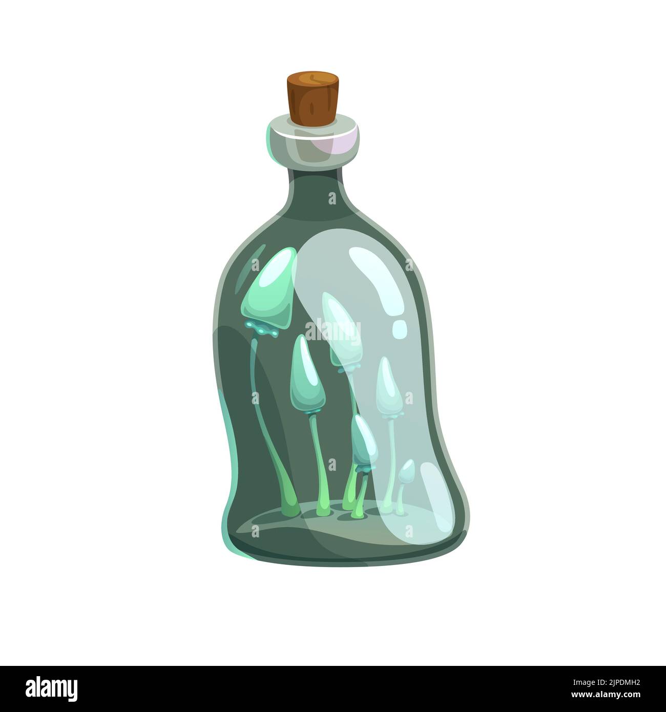 Symbole de vecteur de bouteille de potion, flacon en verre avec champignons incandescents, élixir magique avec un petit pain en bois. Nature sorcière poison, élément de dessin animé pour jeu magique isolé sur fond blanc Illustration de Vecteur