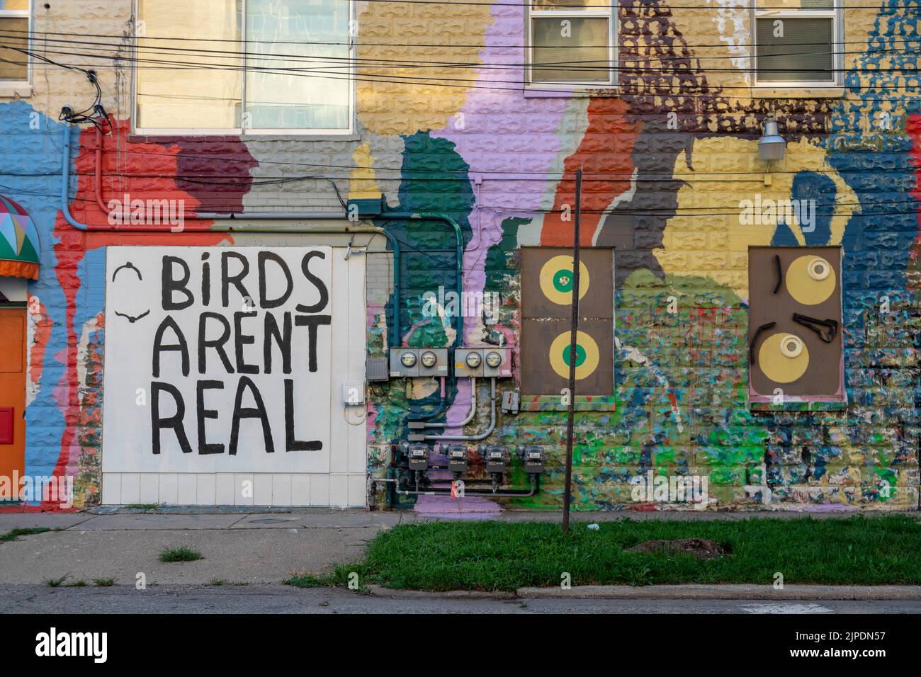 Kalamazoo, Michigan - Un mur peint avec le texte « Birds aren't Real ». Le slogan est une satire populaire des théories conspirationnistes inspirées par Donald Trump. Banque D'Images