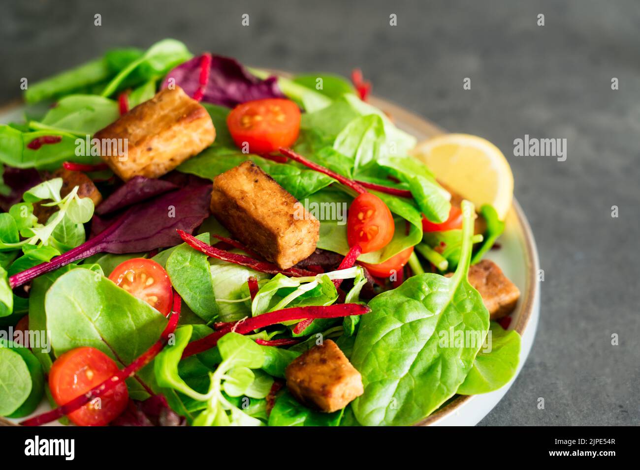 Salade saine avec tempeh rôti, tomates cerises fraîches, pailles de betterave, spinash et feuilles de laitue sur l'assiette. La tempeh est une graine de soja fermentée. Bas de l'usine Banque D'Images Salade saine avec tempeh rôti, tomates cerises fraîches, pailles de betterave, spinash et feuilles de laitue sur l'assiette. La tempeh est une graine de soja fermentée. Bas de l'usine Banque D'Images