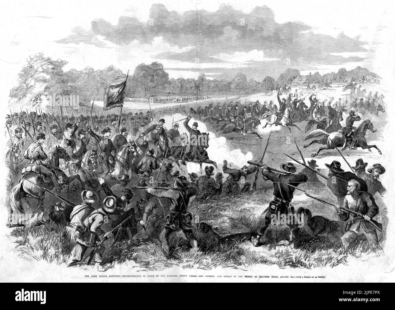 Notre armée devant Richmond - reconnaissance en force des troupes nationales sous le général Joseph Hooker, et défaite des rebelles à Malvern Hills, 5 août (1862) illustration de la guerre civile américaine du journal illustré de Frank Leslie Banque D'Images