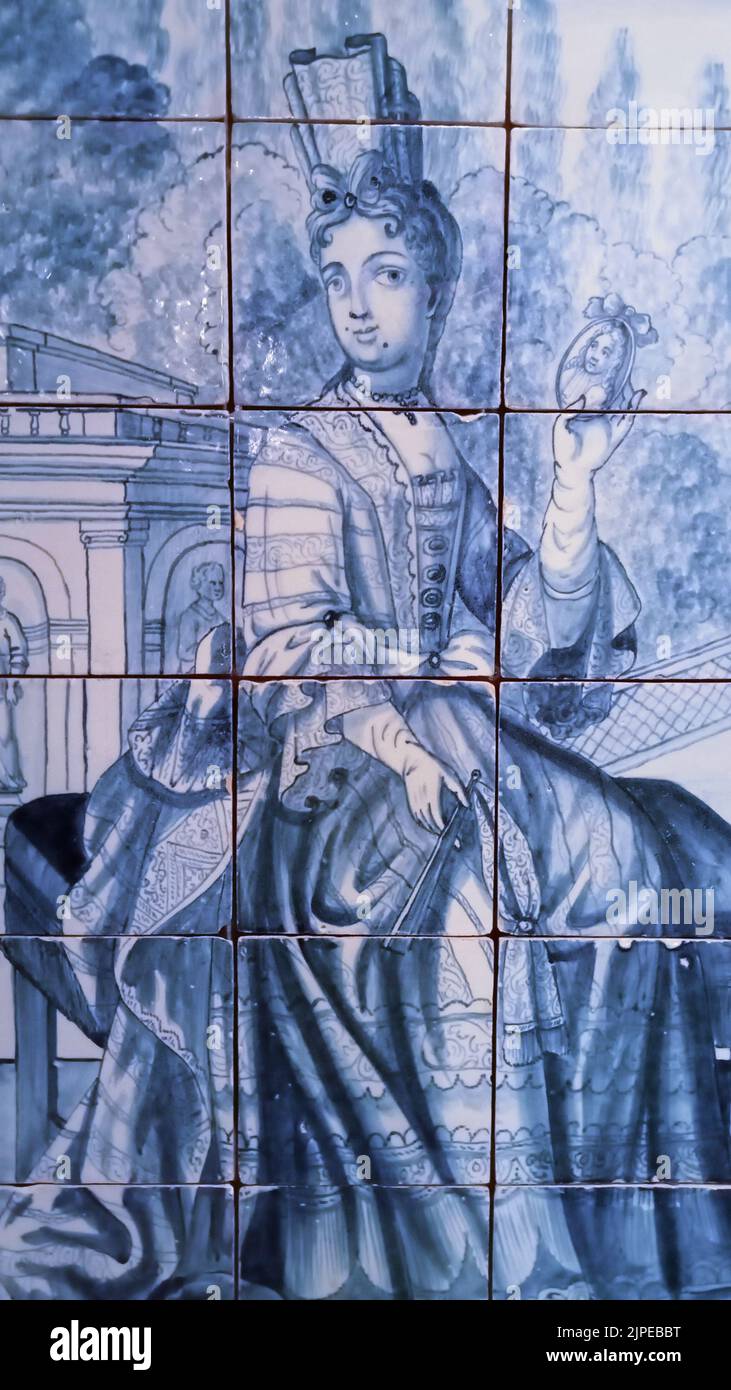 Princesse avec la photo de son amant ou de son futur mari dans une photo de tuile du 18th siècle. Museu dos Azulejos, Lisbonne, Portugal Banque D'Images