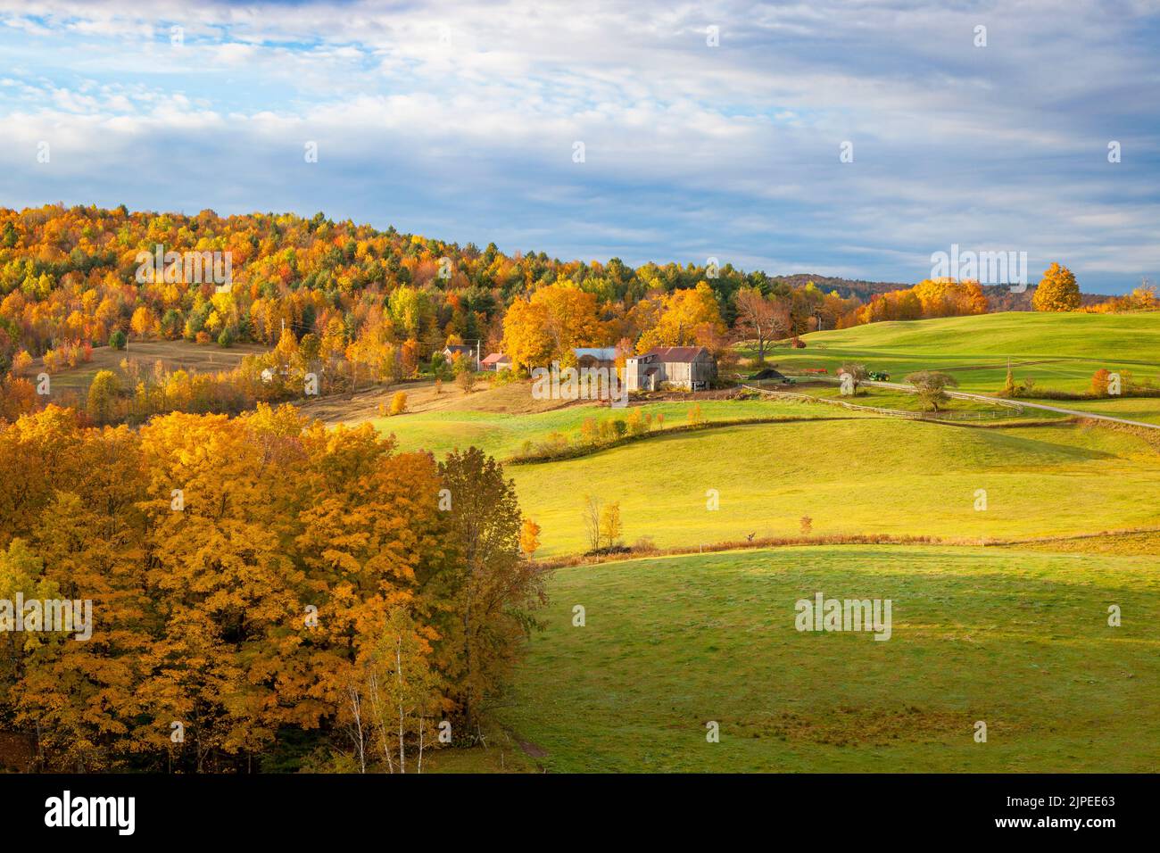 Terres agricoles à l'aube en automne près de South Woodstock, Vermont, États-Unis Banque D'Images