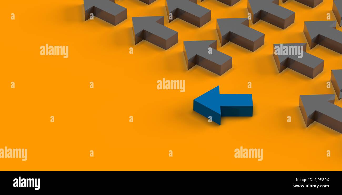 De nombreuses flèches grises pointent vers une direction, une flèche bleue pointe vers des directions différentes. 3D est devenu le symbole de la diversité de la pensée, de l'innovation, du mode de vie et du bu Banque D'Images De nombreuses flèches grises pointent vers une direction, une flèche bleue pointe vers des directions différentes. 3D est devenu le symbole de la diversité de la pensée, de l'innovation, du mode de vie et du bu Banque D'Images