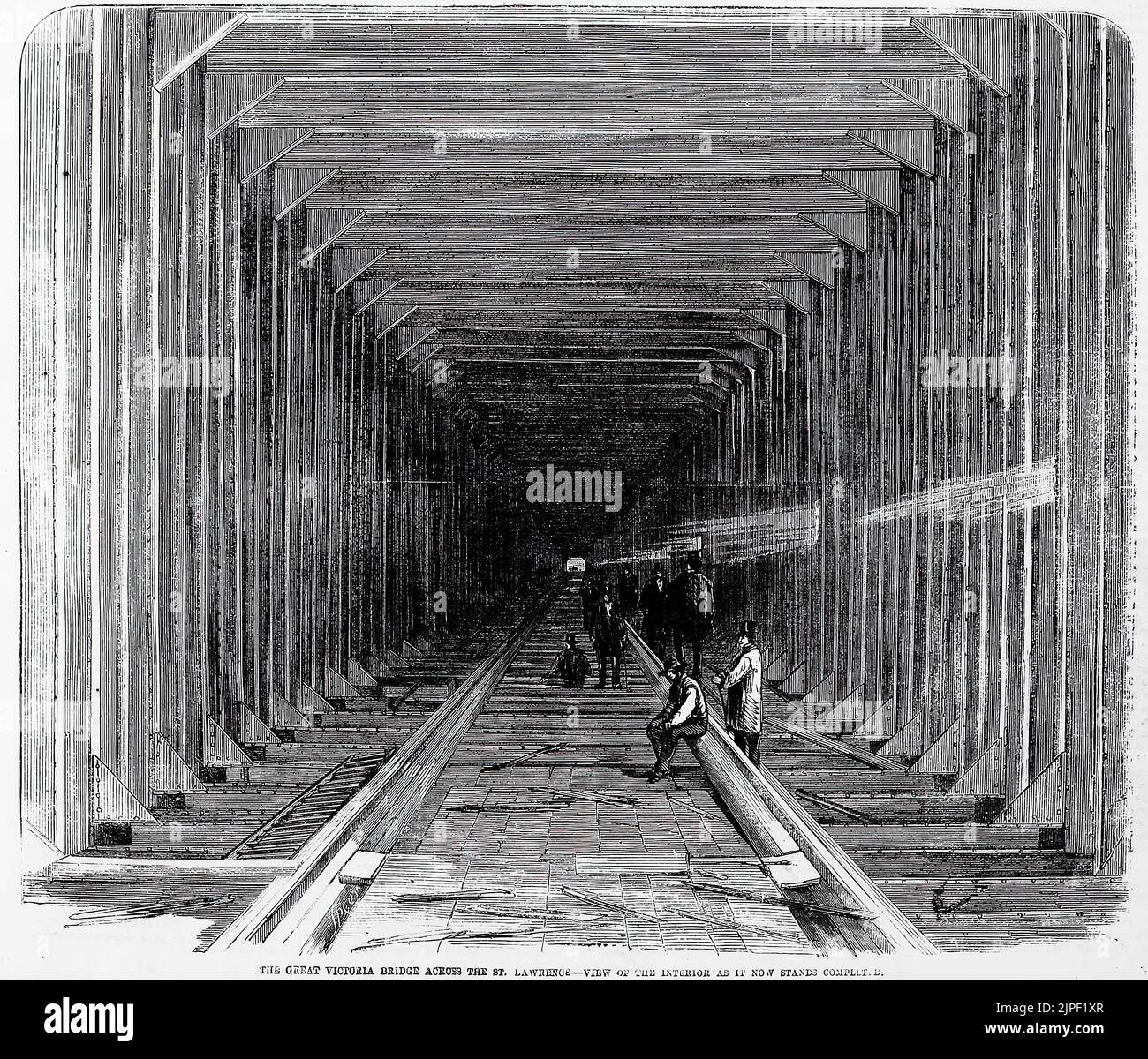 Le grand pont Victoria de l'autre côté du Saint-Laurent - vue de l'intérieur tel qu'il est maintenant terminé (1860). Illustration du 19th siècle du journal illustré de Frank Leslie Banque D'Images