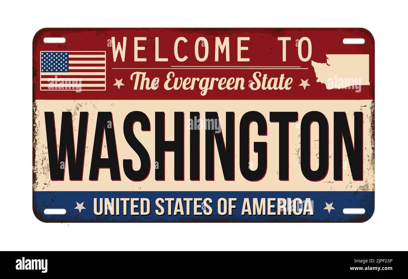 Bienvenue à Washington vintage plaque d'immatriculation rouillée sur fond blanc, illustration vectorielle Illustration de Vecteur