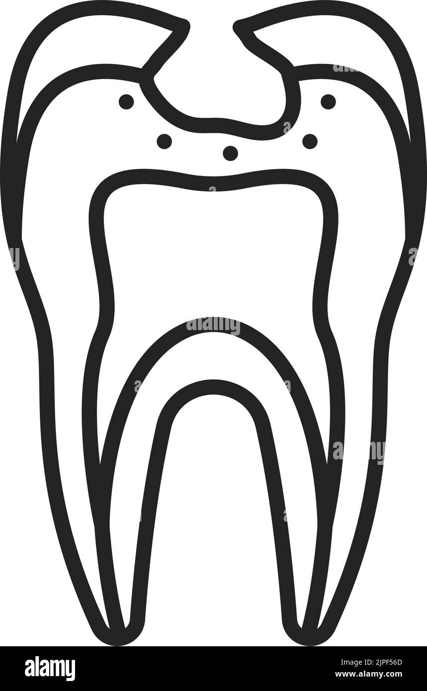 Dent avec émail cassé isolé ébréché contour endommagé prémolaire. Vector craqué molaire avec problème, symbole de clinique dentaire, mal de dents et concept de dentisterie. Hygiène buccale, signe linéaire sourire sain Illustration de Vecteur