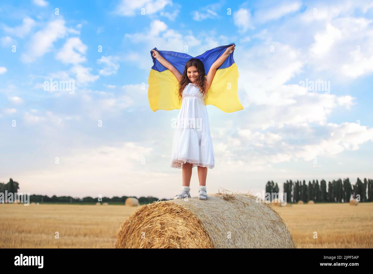 Priez pour l'Ukraine. Fille avec un drapeau ukrainien se tient sur une banque de foin. Enfant sans guerre. Fermer le ciel au-dessus de l'Ukraine. Jour de la victoire. Banque D'Images