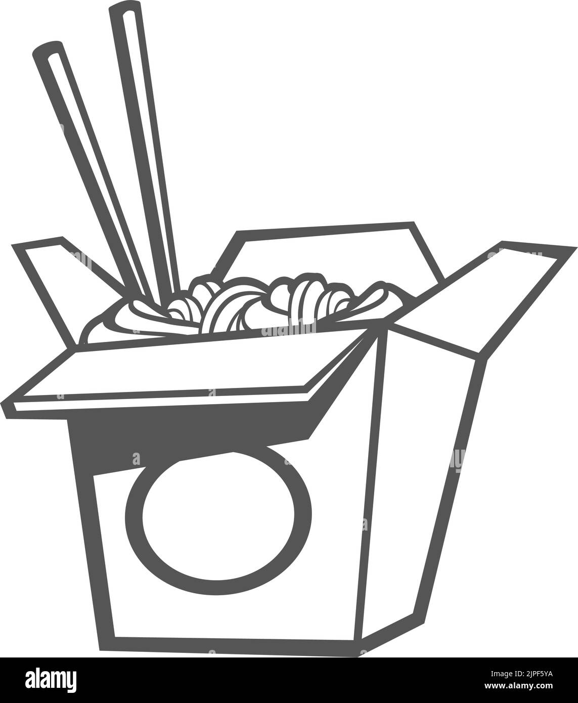 Nouilles et bâtonnets dans une boîte de nourriture chinoise isolée. Les nouilles sautées à l'udon vectoriel sont frites avec du poulet et une paire de baguettes. Ouvrez la boîte à emporter avec des plats de rue, en-cas de restauration rapide à emporter en noir et blanc Illustration de Vecteur