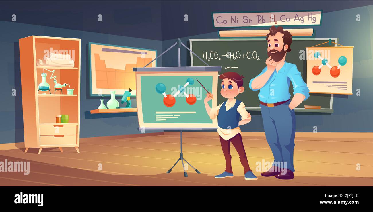Enseignant et étudiant apprennent la chimie en classe. Un tuteur privé et un enfant à une formation à l'école. Intérieur de classe avec la leçon Kid Tell à l'étiquette avec des molécules, illustration de dessin animé Vector Illustration de Vecteur