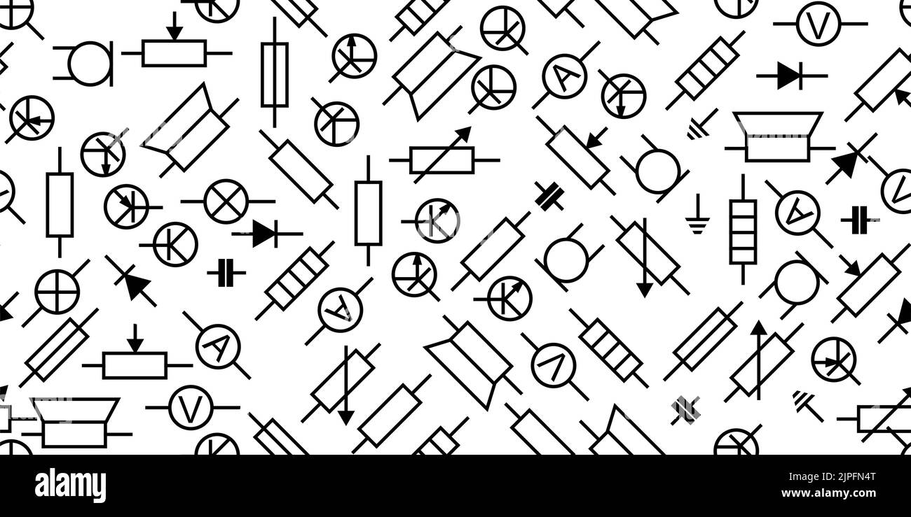 Composant radio. Circuit électronique de la radio. Désignation symbolique. Isolé sur fond blanc. Résistance, transistor, diode et condensateur. Pat sans couture Illustration de Vecteur