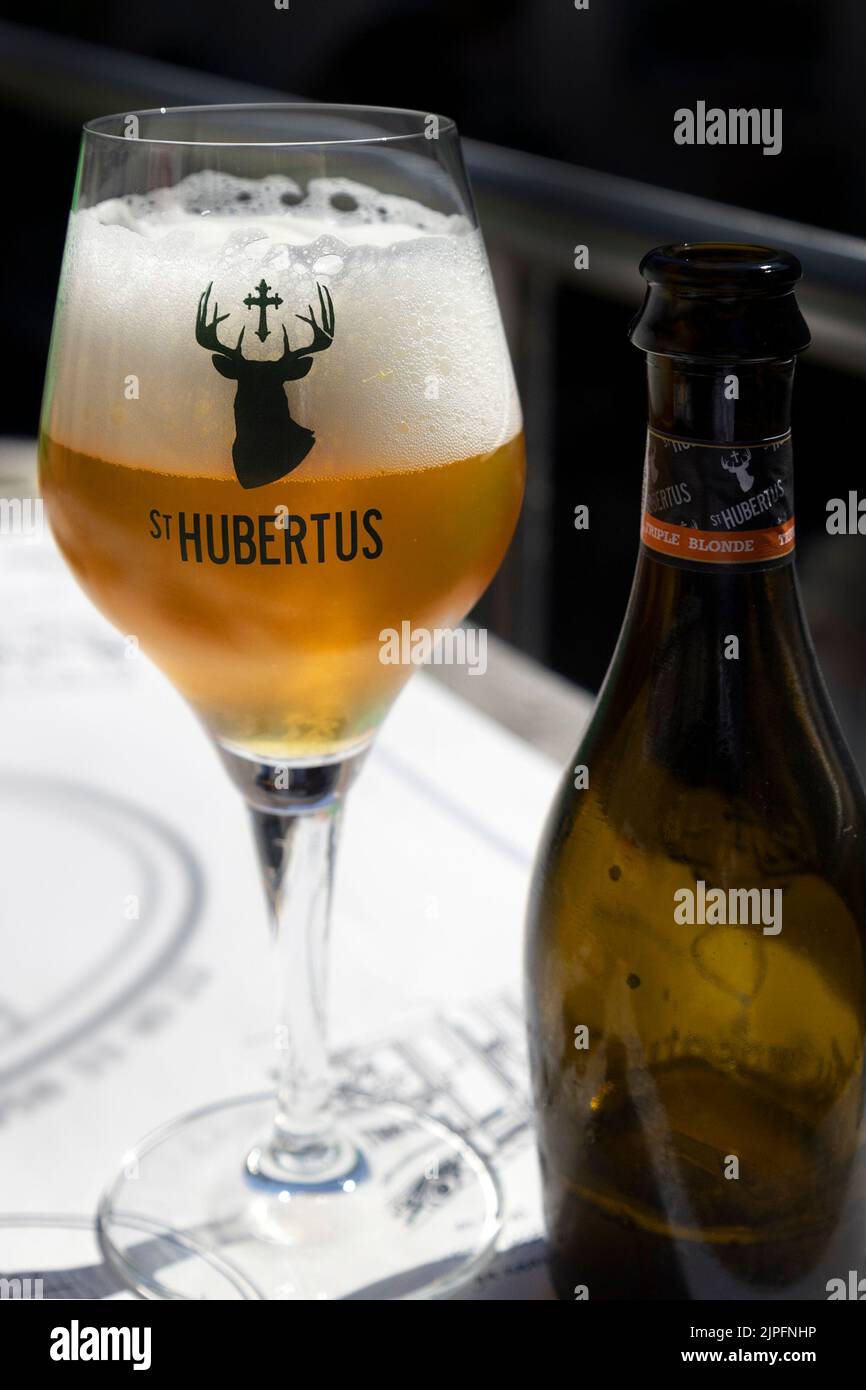 VEURNE, BELGIQUE - 09 AOÛT 2022 : verre de bière blonde triple Sint Hubertus au bar Banque D'Images