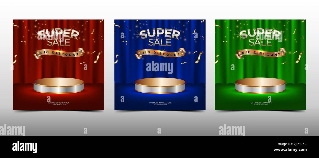 Super vente bannière de shopping en ligne avec blanc et or podium, rideau et confetti Illustration de Vecteur