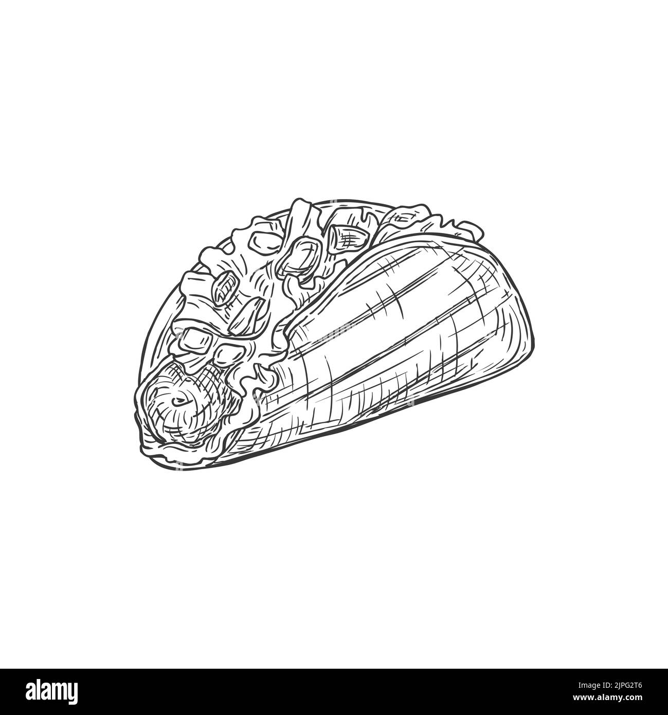 Tortilla frites isolées tacos burritos monochrome dessin icône. Tacos à coque dure Vector, plats à emporter quesadilla ou plats de rue à emporter. Collation fastfood avec des haricots végétaux, de la laitue, des tomates et de la viande Illustration de Vecteur