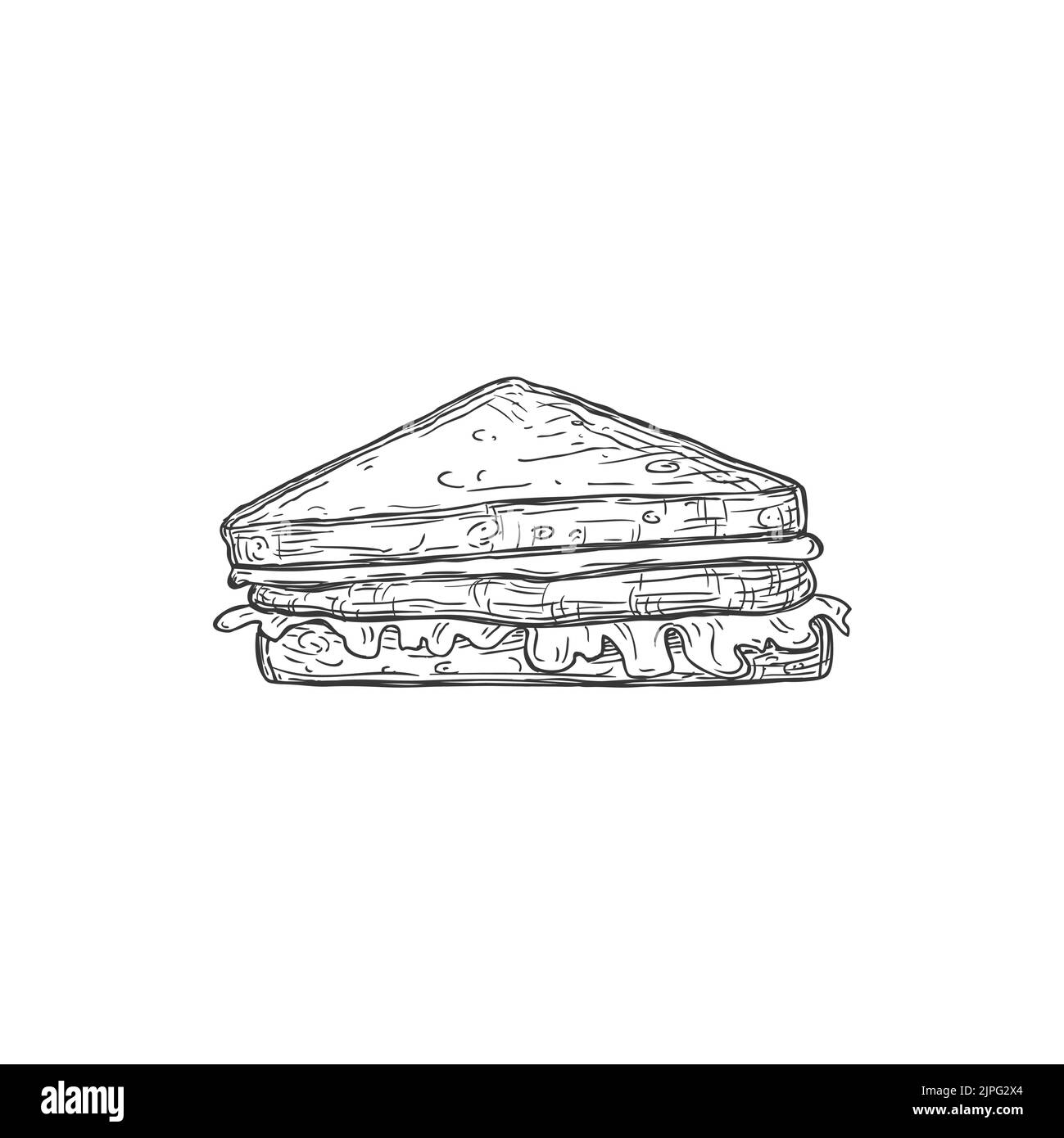 Griller du pain avec de la viande et du fromage sandwich isolé croquis monochrome icône. Signe de pain grillé à la main, pain triangle grillé, menu à emporter. En-cas maison, repas à emporter Illustration de Vecteur